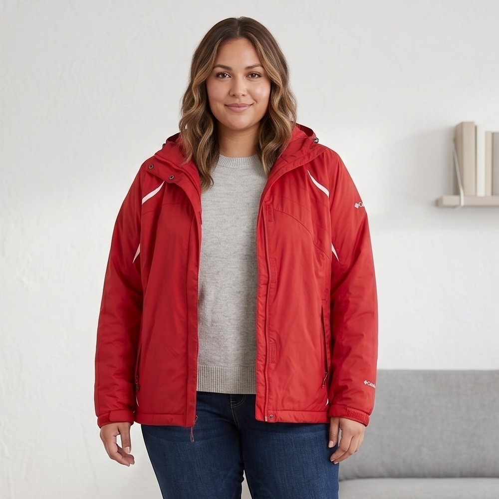 Columbia Waterproof Ski Jacket Womens 1X Red Hooded‎ Snow Coat Plus Size Winter